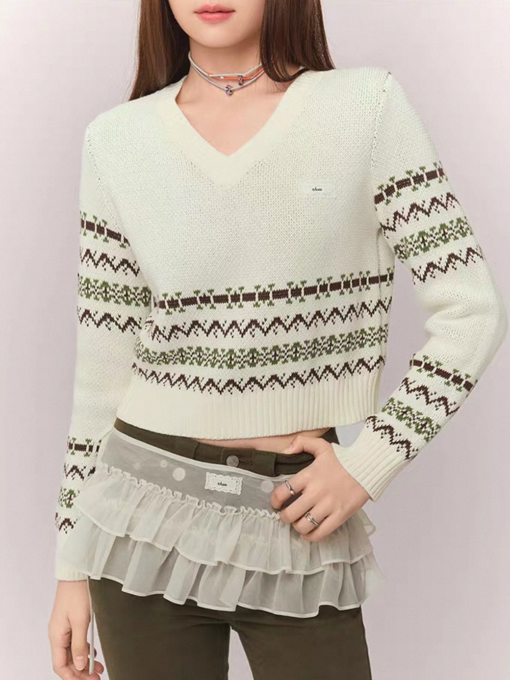 Cream V-Neck Fair Isle Pattern Sweater
